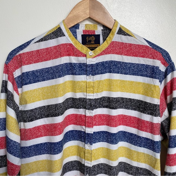 Scotch & Soda Colorful Striped Band Collarless Mandarin Button Up Shirt - Picture 2 of 11